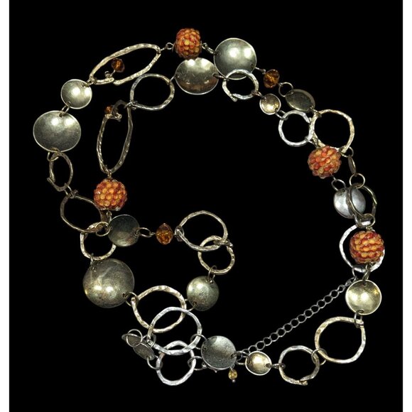 Retro Orange Beaded Silver Tone Link Opera Necklace - Picture 1 of 7